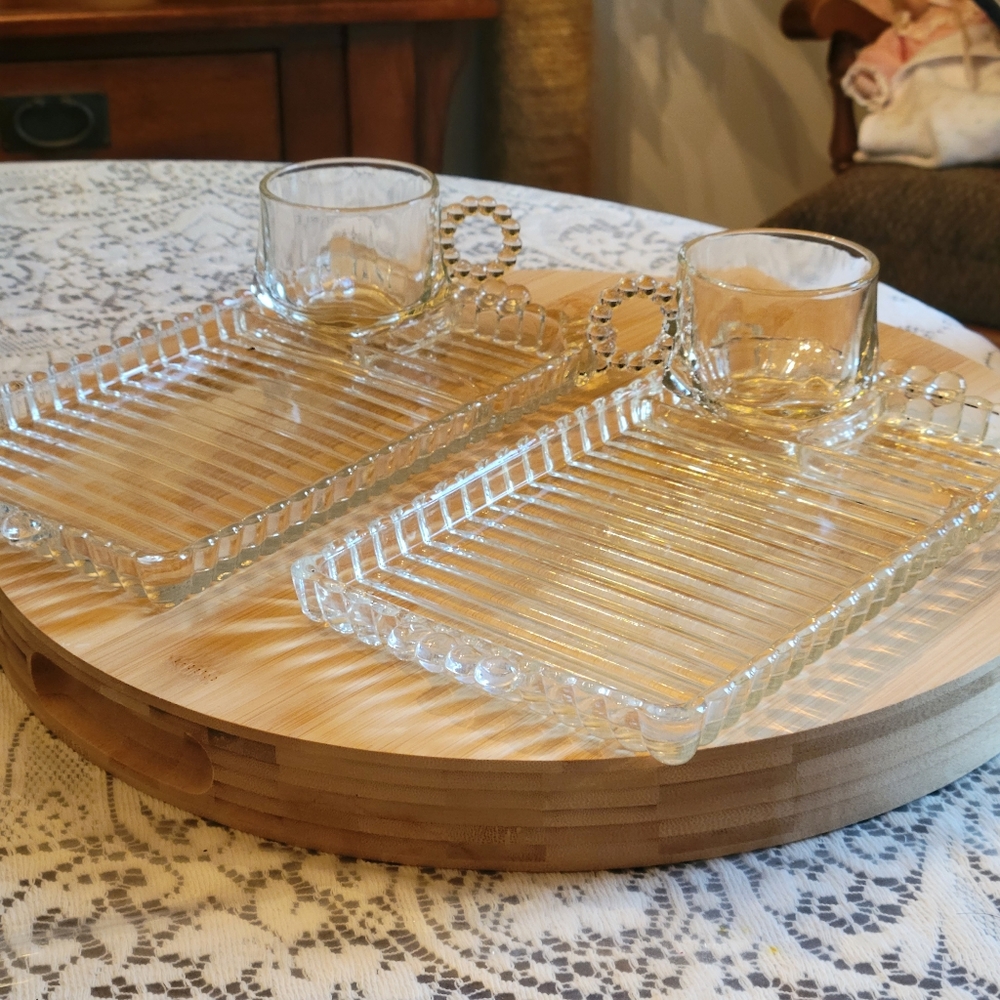 Vintage Hazel Atlas, Snack and sip trays with glasses. Set of 2.